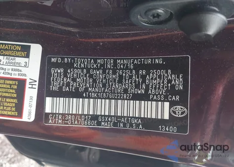 2016 Toyota Avalon Xle z USA, uszkodzony, nr VIN 4T1BK1EB7GU222827